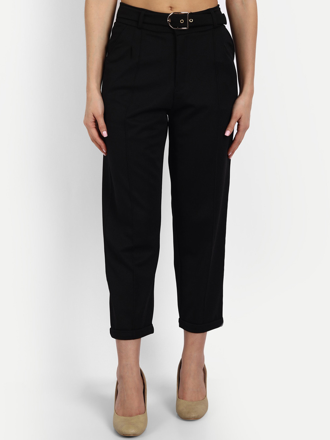 

Next One Women Relaxed Straight Leg Loose Fit High-Rise Easy Wash Pleated Trousers, Black