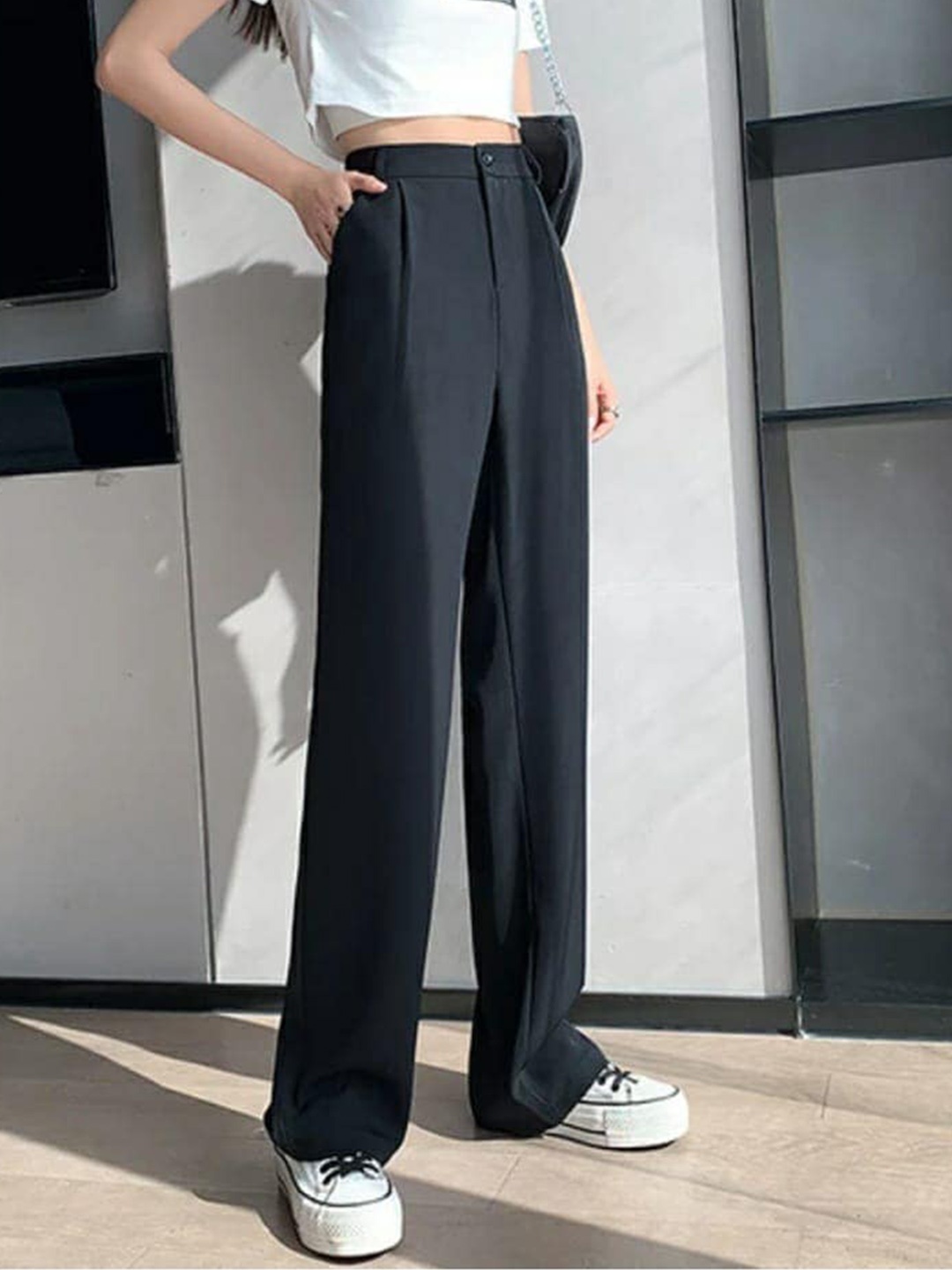 

Next One Women Relaxed Straight Leg Loose Fit High-Rise Easy Wash Pleated Trousers, Black