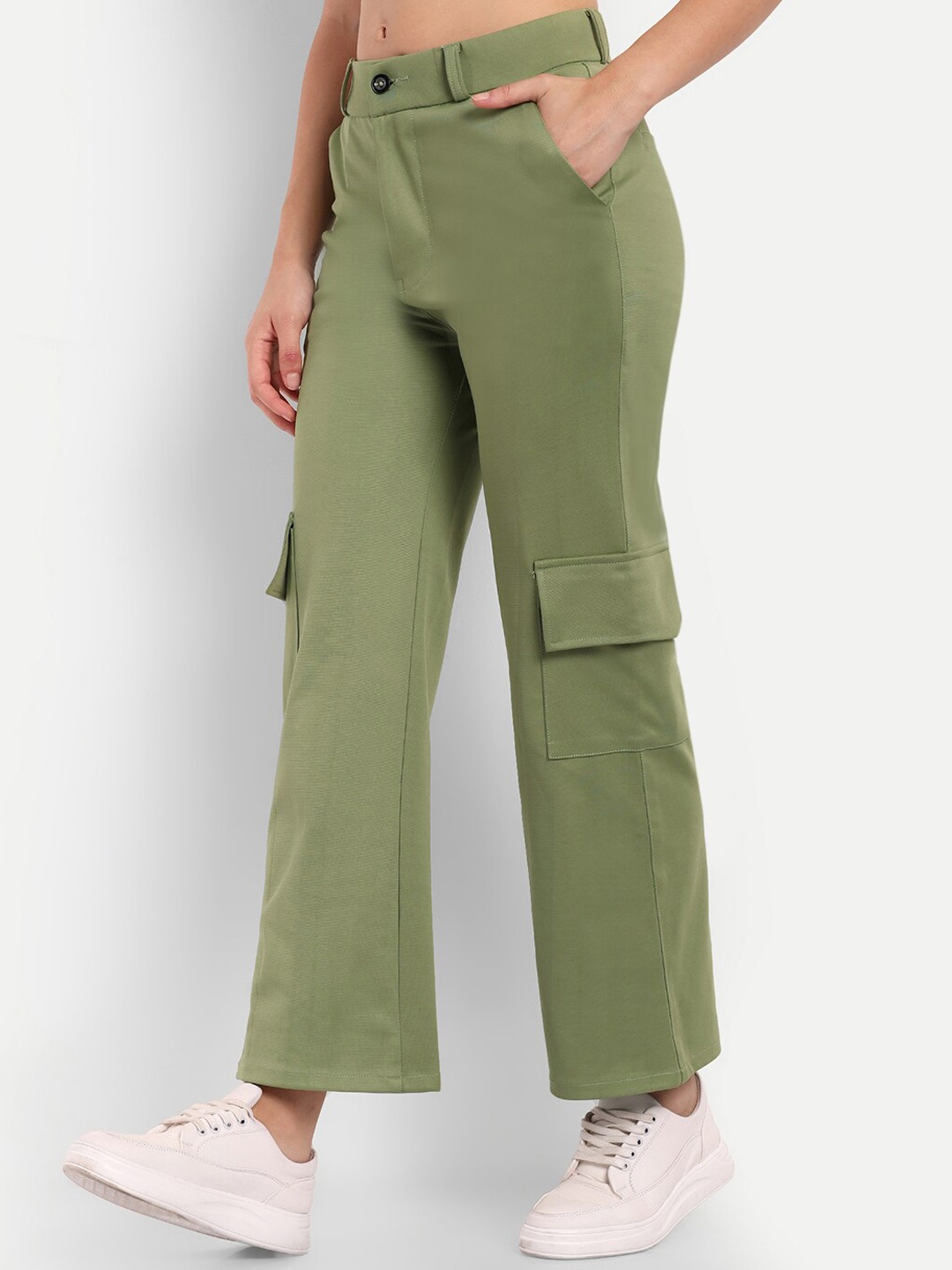 

Next One Women Smart Straight Fit High-Rise Easy Wash Cargo Trousers, Green