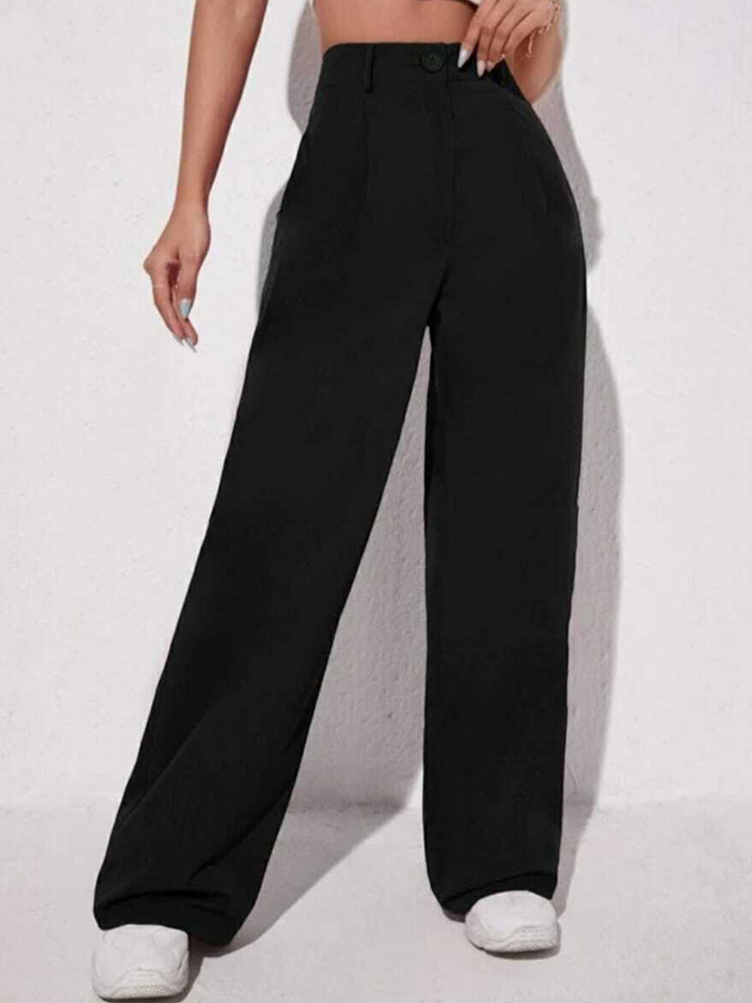 

Next One Women Relaxed Straight Leg Loose Fit High-Rise Easy Wash Pleated Trousers, Black