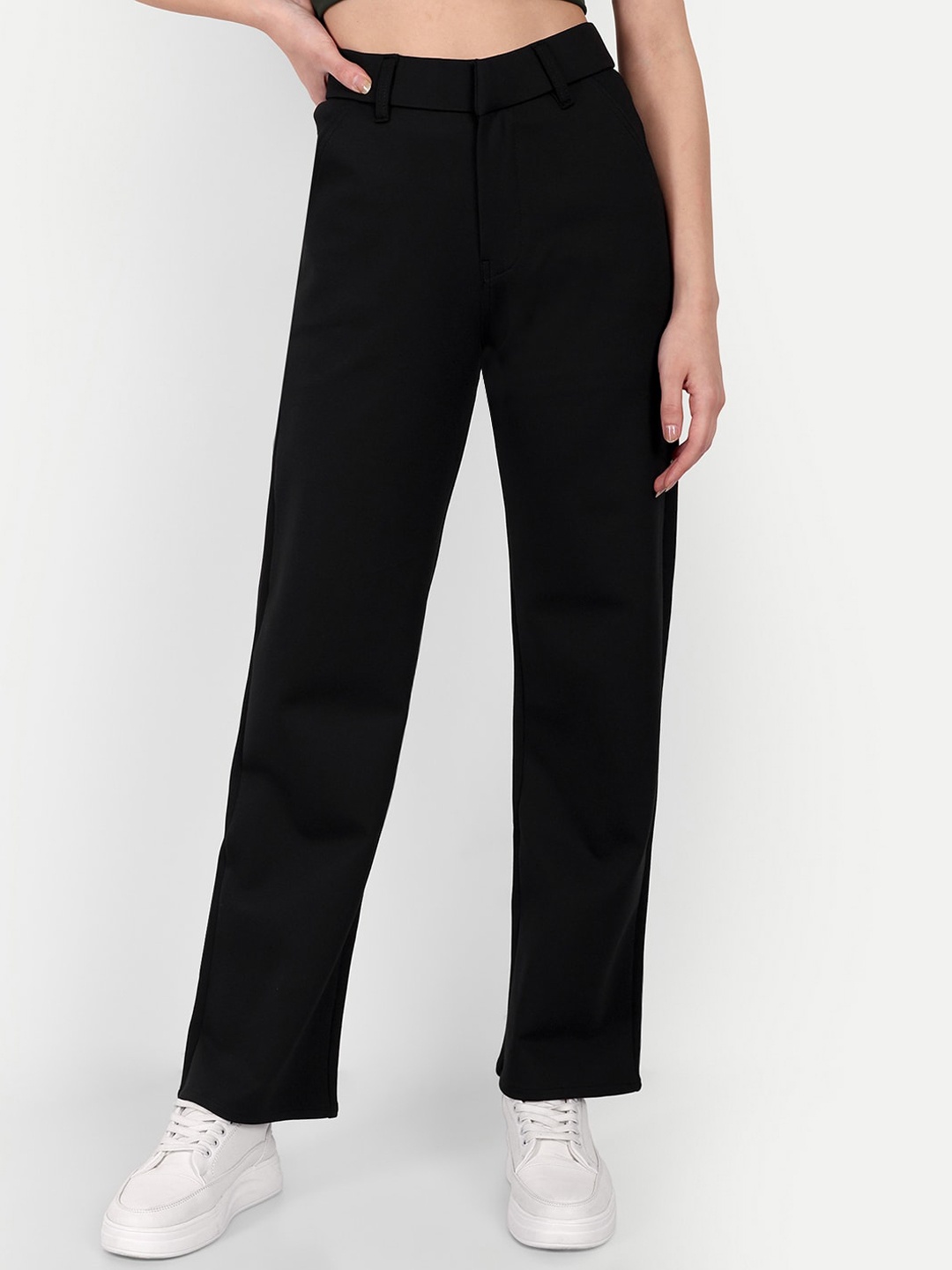 

Next One Women Relaxed Straight Leg Loose Fit High-Rise Easy Wash Trousers, Black