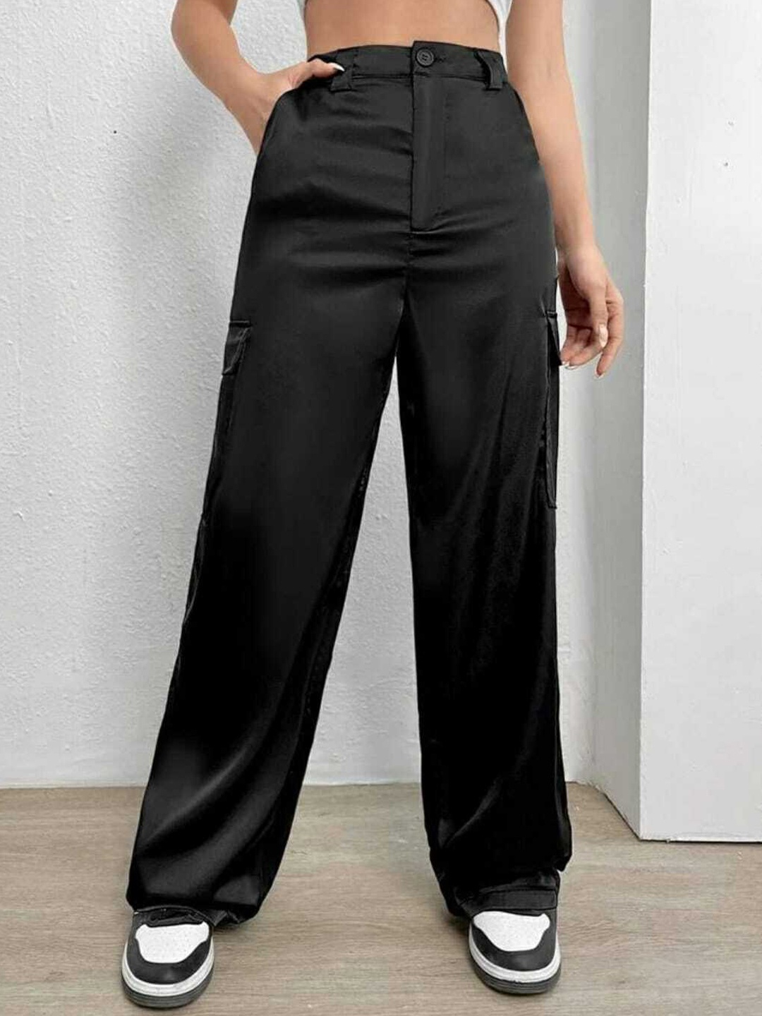 

Next One Women Relaxed Straight Leg High-Rise Easy Wash Cargo Trousers, Black