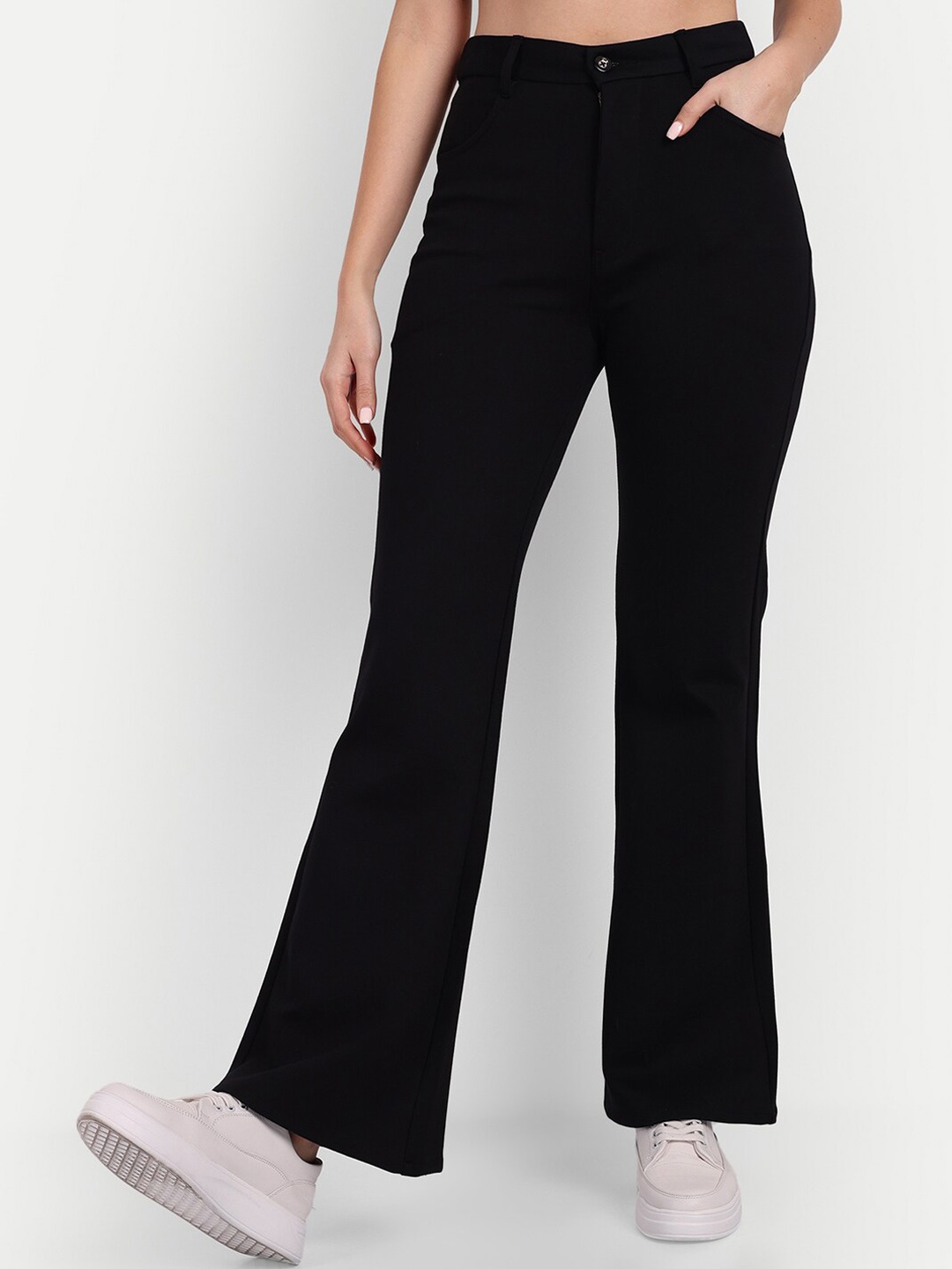 

Next One Women Relaxed Straight Leg Flared High-Rise Easy Wash Trousers, Black