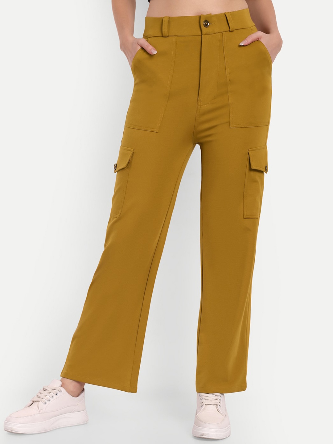 

Next One Women Smart Straight Fit High-Rise Easy Wash Cargos Trousers, Mustard