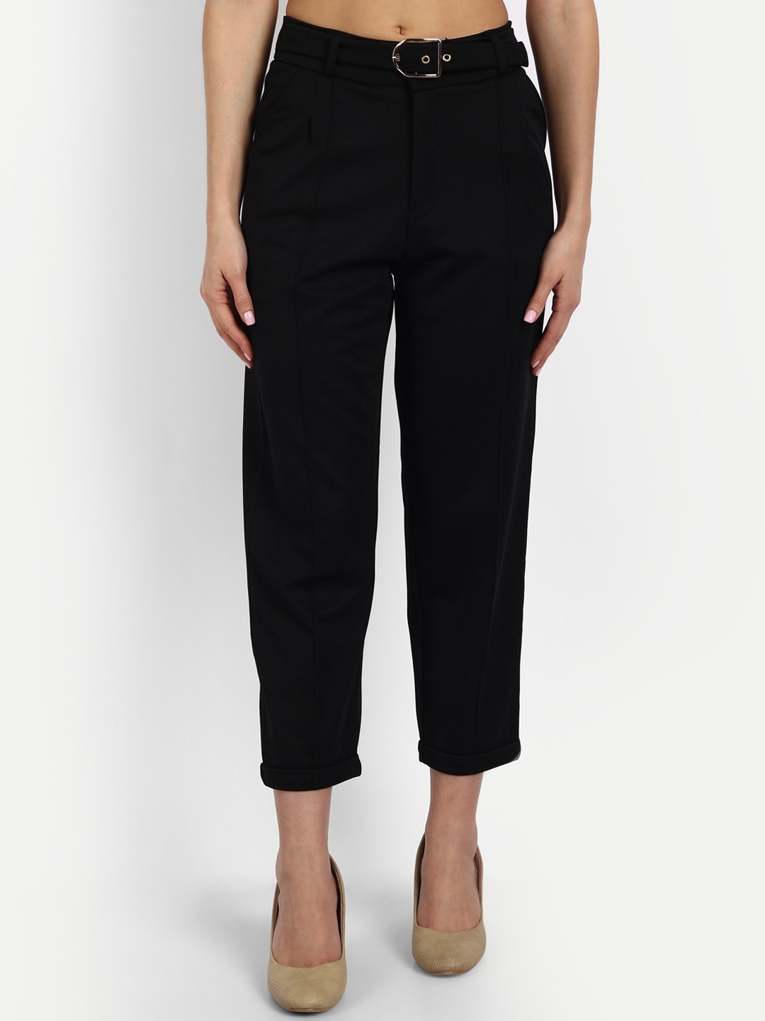 

Next One Women Relaxed Straight Leg Loose Fit High-Rise Pleated Stretchable Trousers, Black