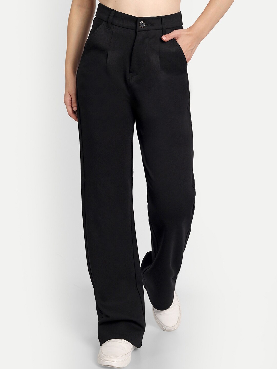 

Next One Women Relaxed Straight Leg Loose Fit High-Rise Easy Wash Pleated Trousers, Black