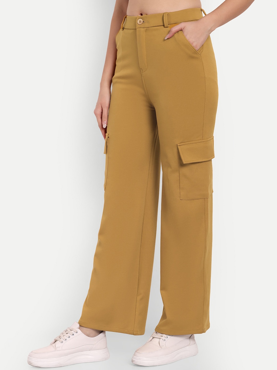 

Next One Women Smart Straight Fit High-Rise Easy Wash Cargo Trousers, Mustard