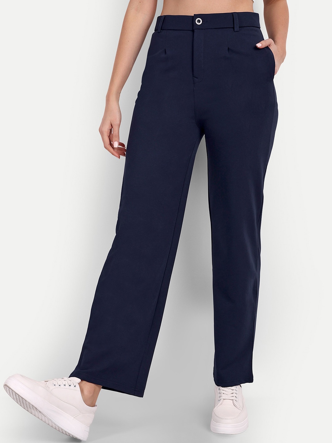 

Next One Women Tailored Straight Fit High-Rise Easy Wash Trousers, Navy blue