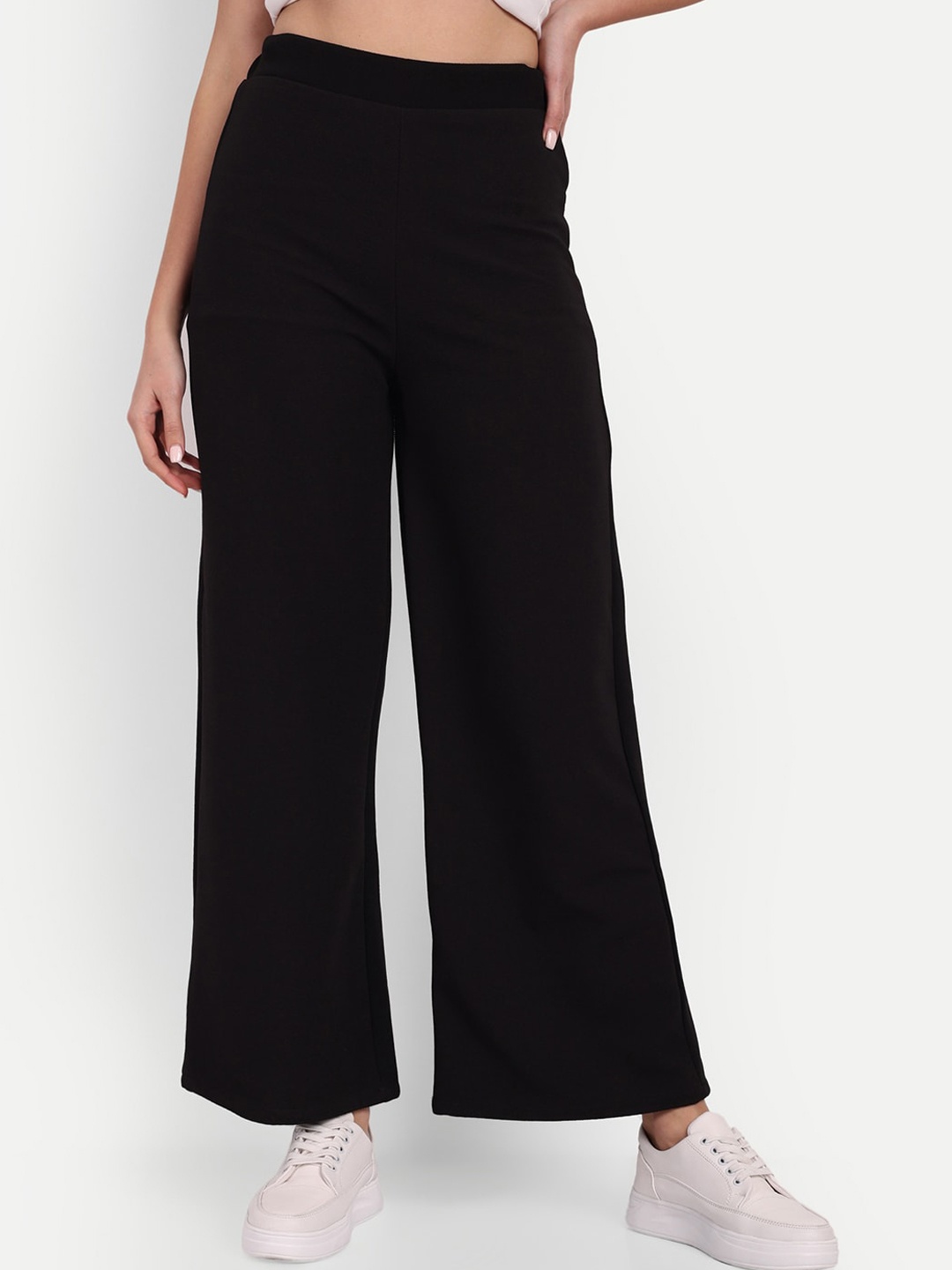 

Next One Women Textured Smart Loose Fit High-Rise Easy Wash Wide Leg Trousers, Black