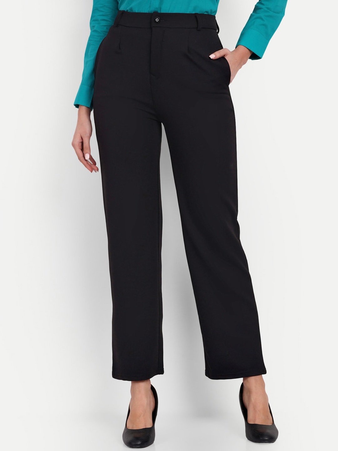 

Next One Women Straight Fit High-Rise Easy Wash Stretchable Formal Trousers, Black