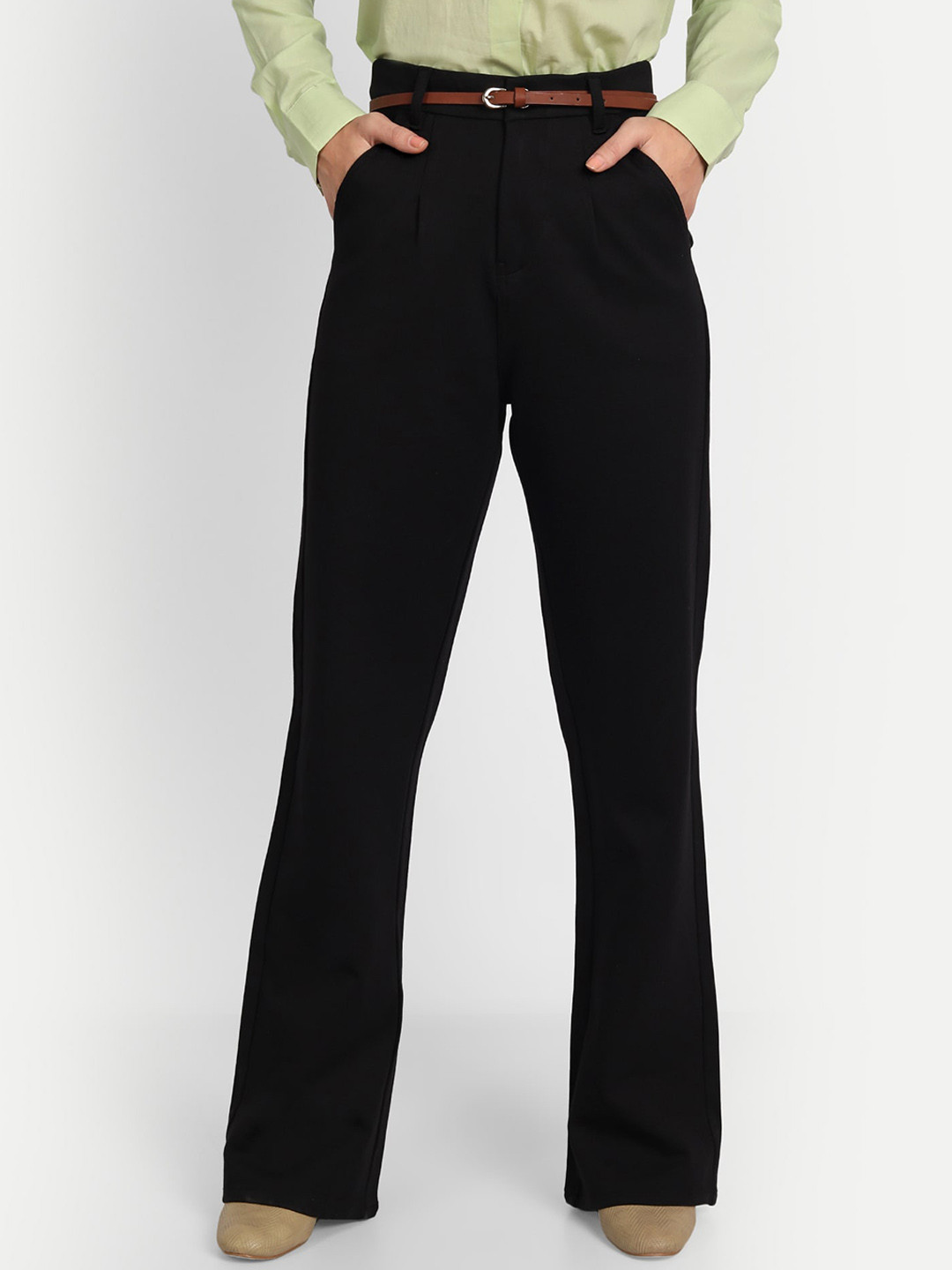 

Next One Women Loose Fit High-Rise Easy Wash Pleated Stretchable Formal Trousers, Black