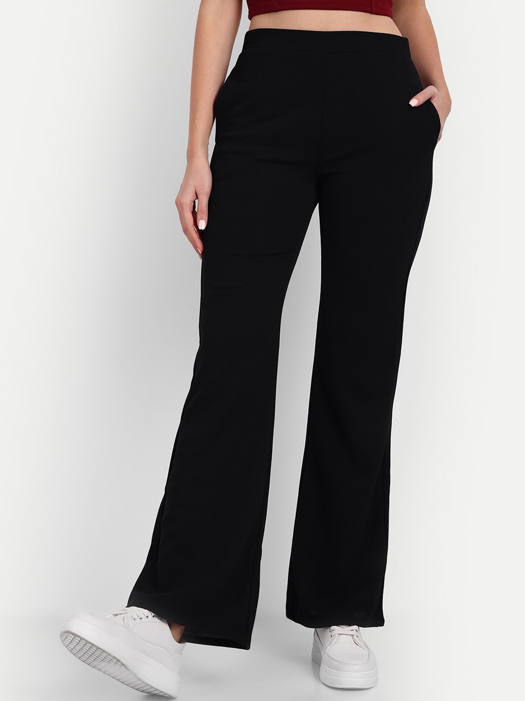 

Next One Women Flared High-Rise Easy Wash Stretchable Bootcut Trousers, Black