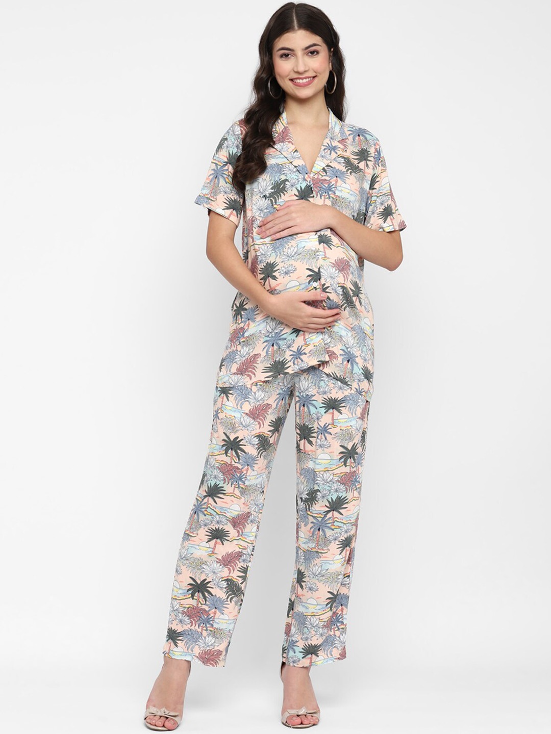 

Momsoon Maternity Women Tropical Printed Maternity Night suit, Peach