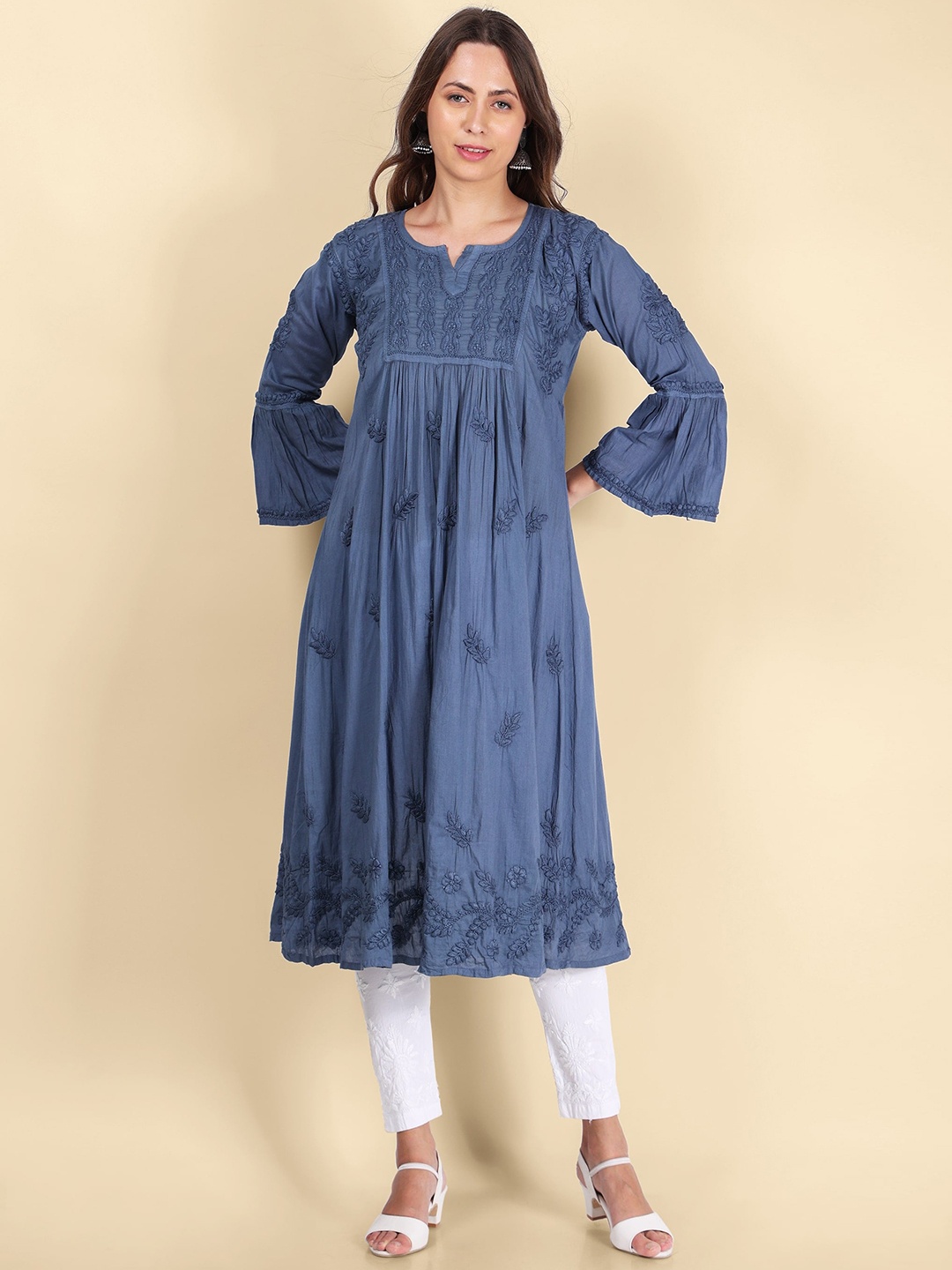 

Syrish Floral Embroidered Bell Sleeves Thread Work Pure Cotton A-Line Kurta, Grey