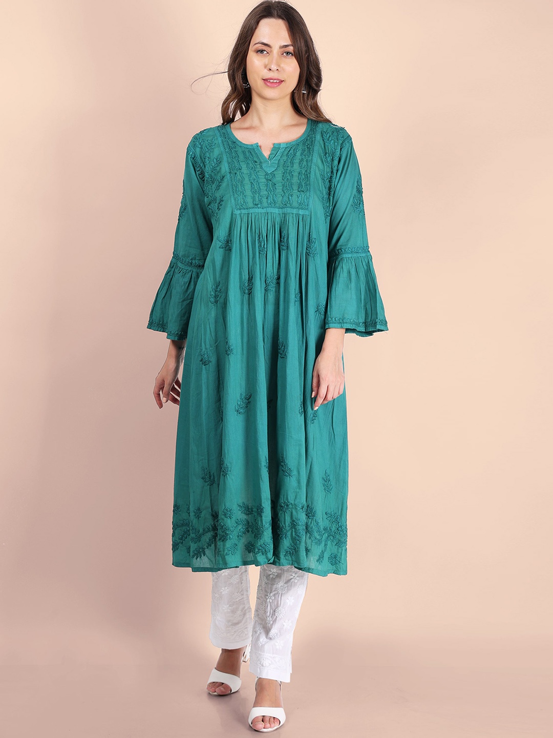 

Syrish Floral Embroidered Bell Sleeves Thread Work Pure Cotton A-Line Kurta, Green