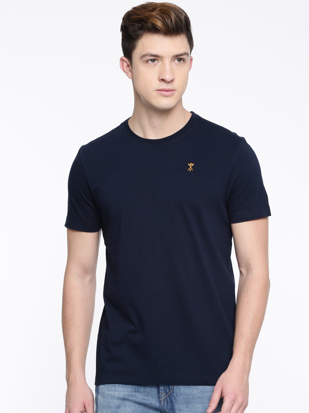 

Arrow Blue Jean Co. Men Navy Solid Round Neck Pure Cotton T-shirt, Navy blue