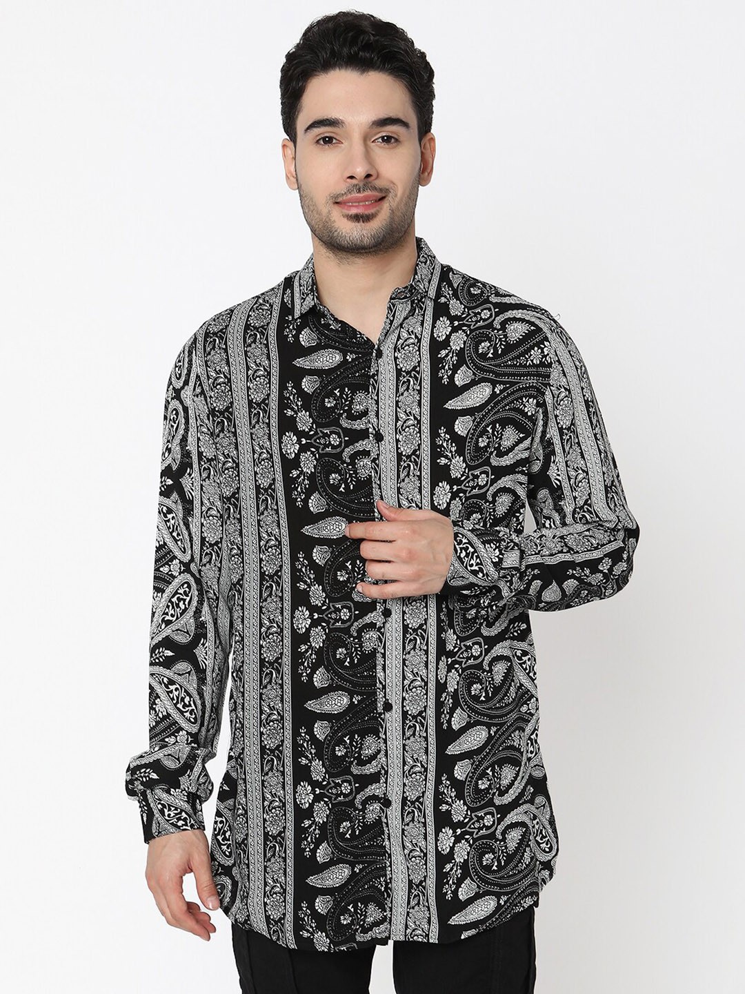 

7Shores Classic Ethnic Motifs Printed Casual Shirt, Black