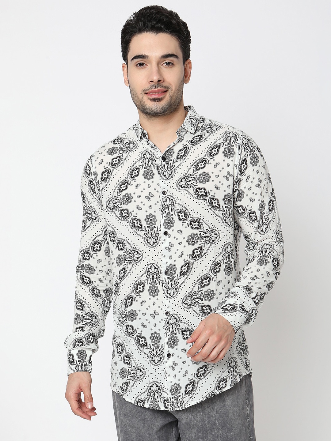 

7Shores Classic Floral Printed Spread Collar Casual Shirt, White