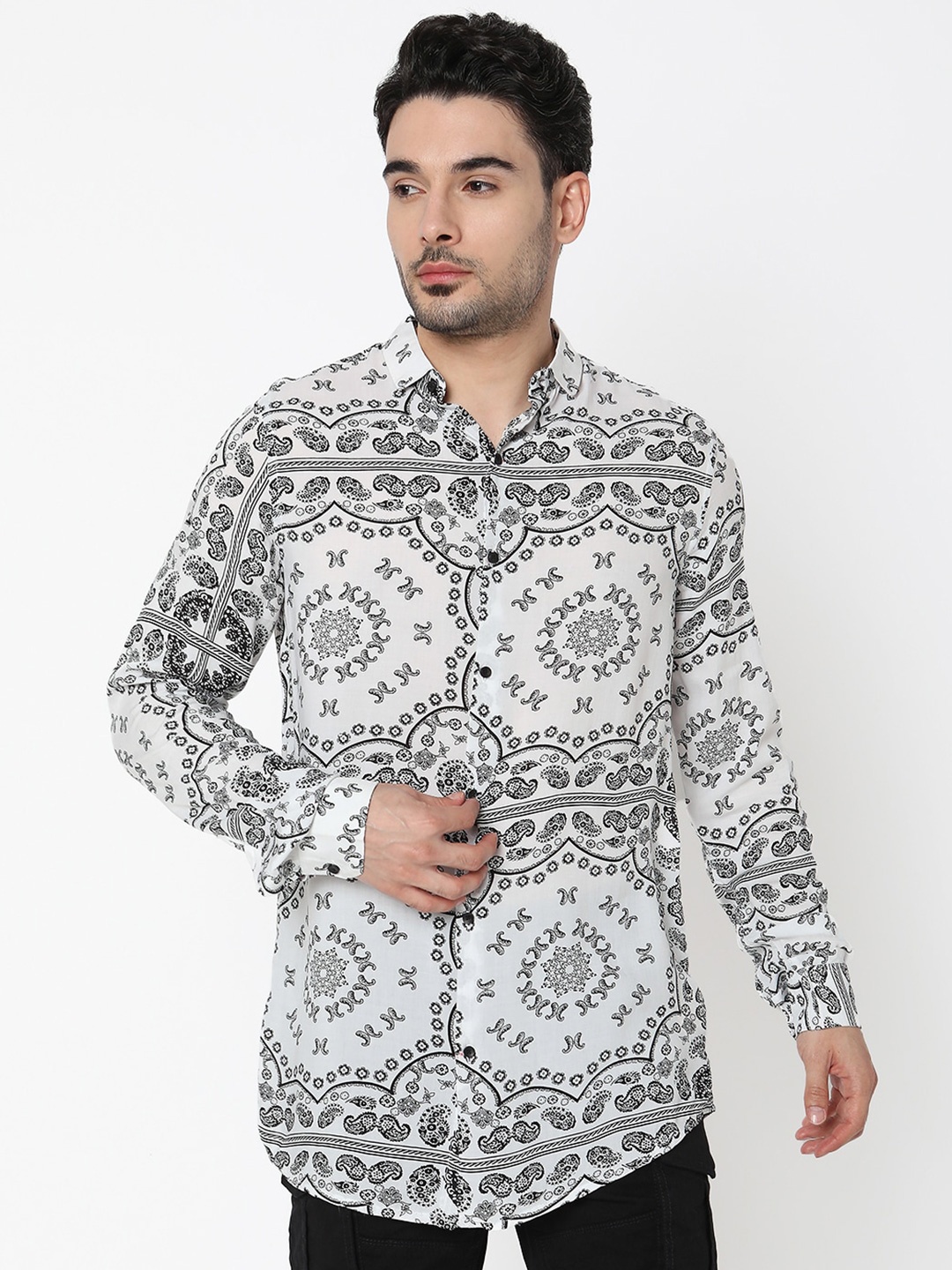 

7Shores Classic Ethnic Motifs Printed Spread Collar Casual Shirt, White