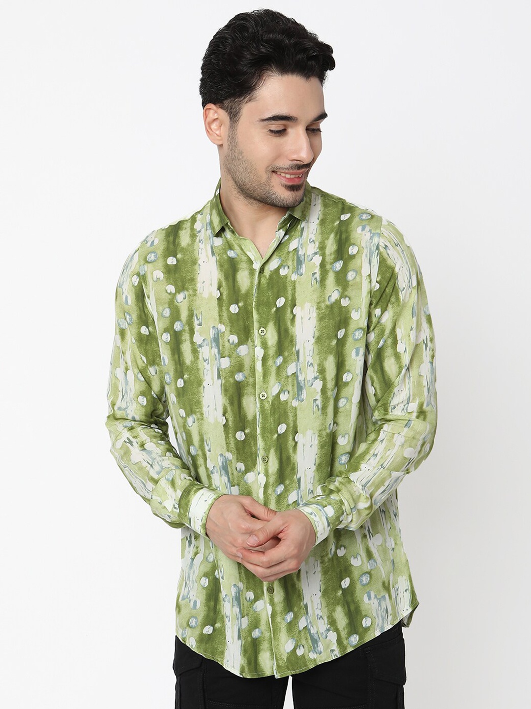 

7Shores Classic Abstract Printed Spread Collar Casual Shirt, Green