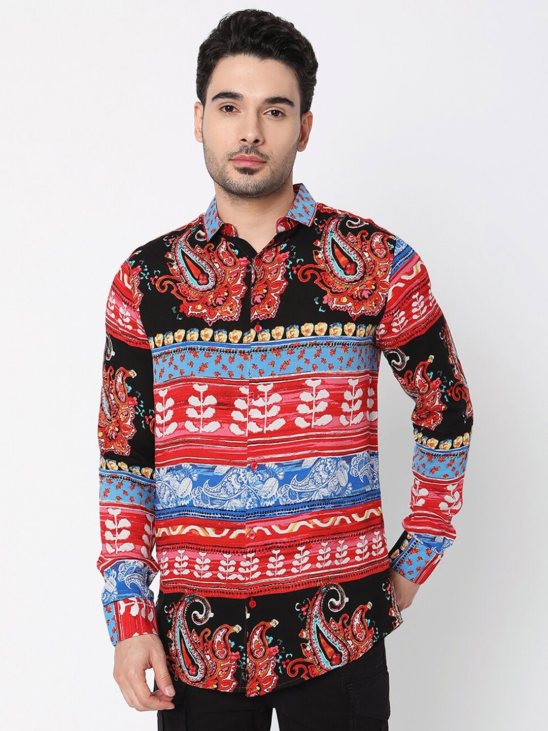 

7Shores Classic Ethnic Motifs Printed Spread Collar Casual Shirt, Red