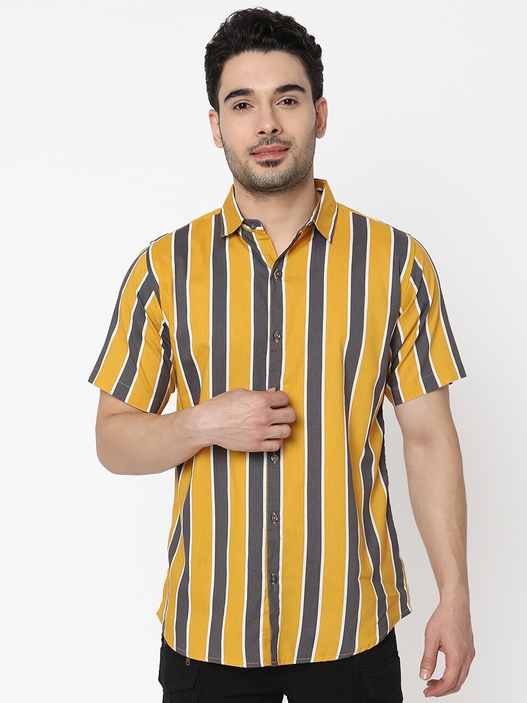 

7Shores Classic Vertical Striped Spread Collar Casual Shirt, Yellow