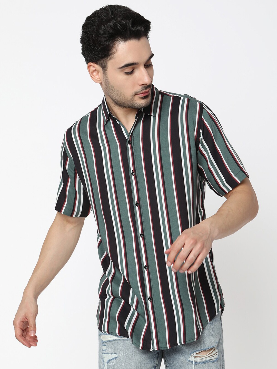 

7Shores Classic Vertical Striped Spread Collar Casual Shirt, Green