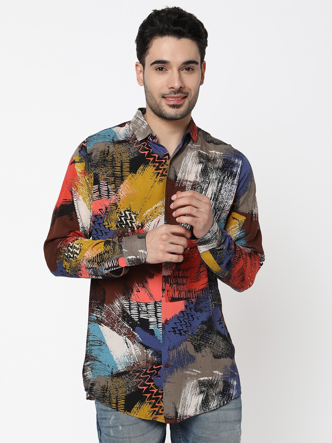 

7Shores Classic Abstract Printed Spread Collar Casual Shirt, Yellow