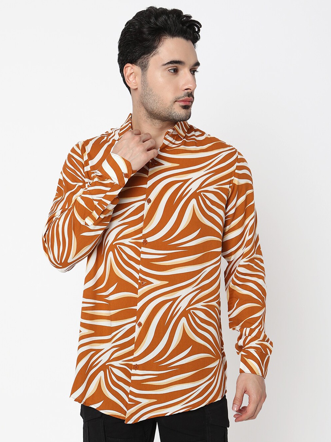 

7Shores Classic Abstract Printed Spread Collar Casual Shirt, Orange