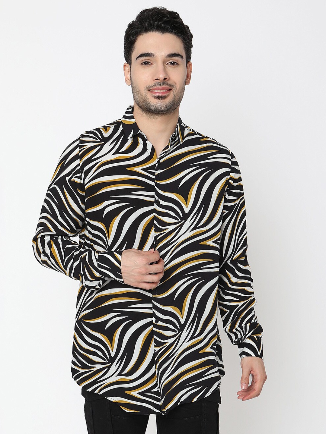 

7Shores Classic Abstract Printed Casual Shirt, Black