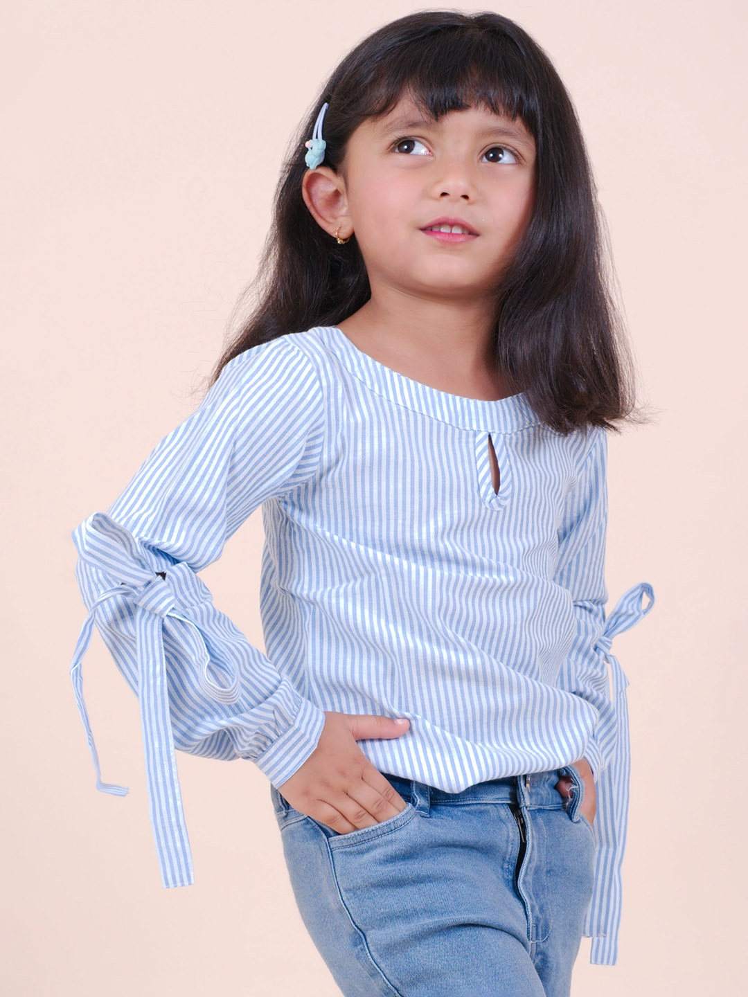 

Little Carrot Girls Striped Printed Cuffed Tie-Ups Sleeves Cotton Regular Top, Blue