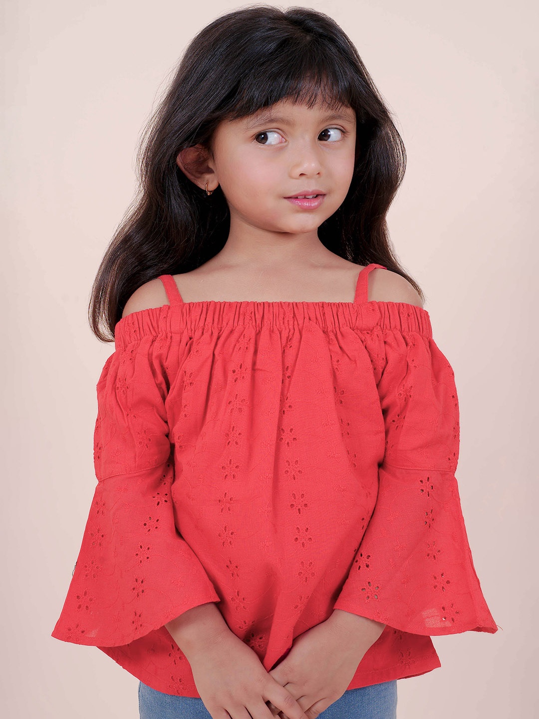 

Little Carrot Girls Self Designed Bell Sleeves Gathered Cotton Regular Top, Red