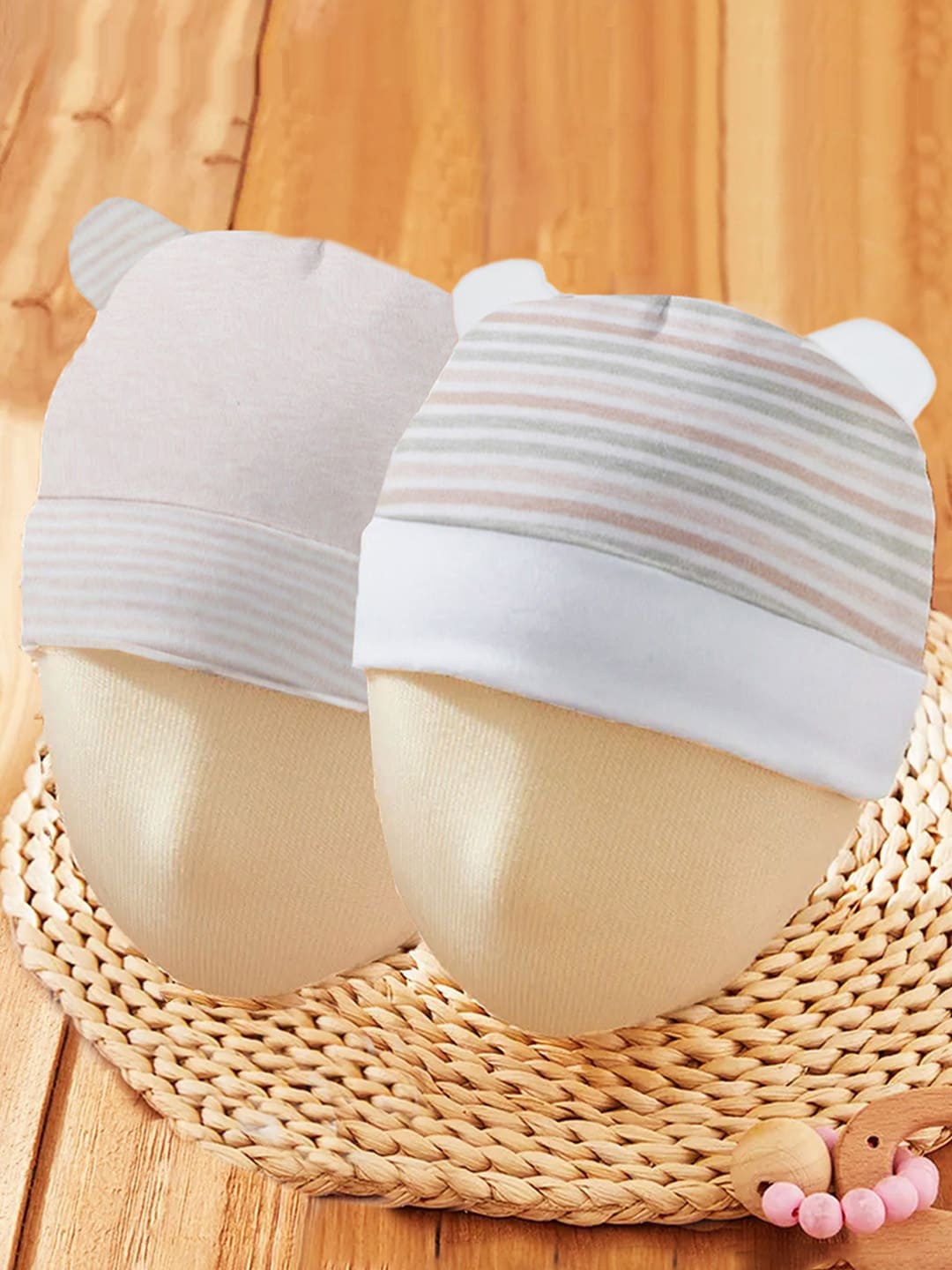 

Baby Moo Infants Kids Set Of 2 Striped Cotton Beanie Cap, Beige