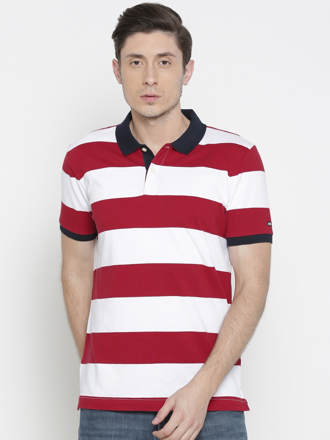 

Arrow Sport Men White Red Striped Polo Collar Pure Cotton T-shirt