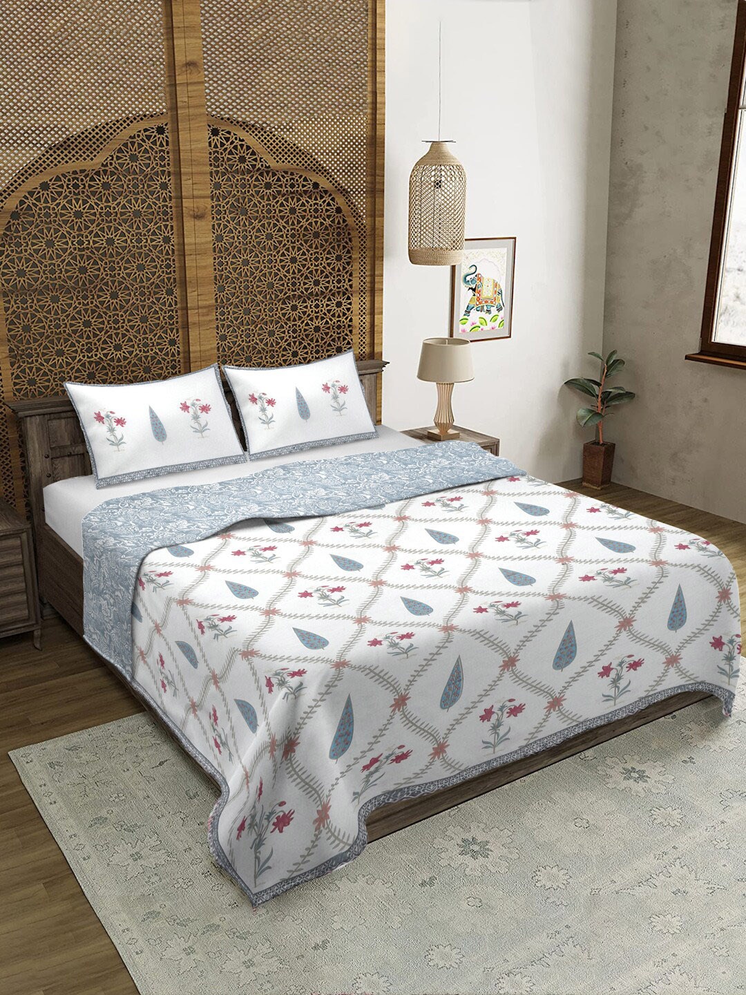 

Rajasthan Decor White and Grey Cotton Quilted King Bed Spread with 2 Pillow Covers