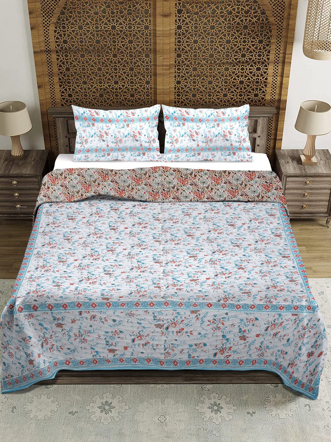 

Rajasthan Decor Printed Reversible Quilted 180 TC King Bed Cover & 2 Pillow Covers, White