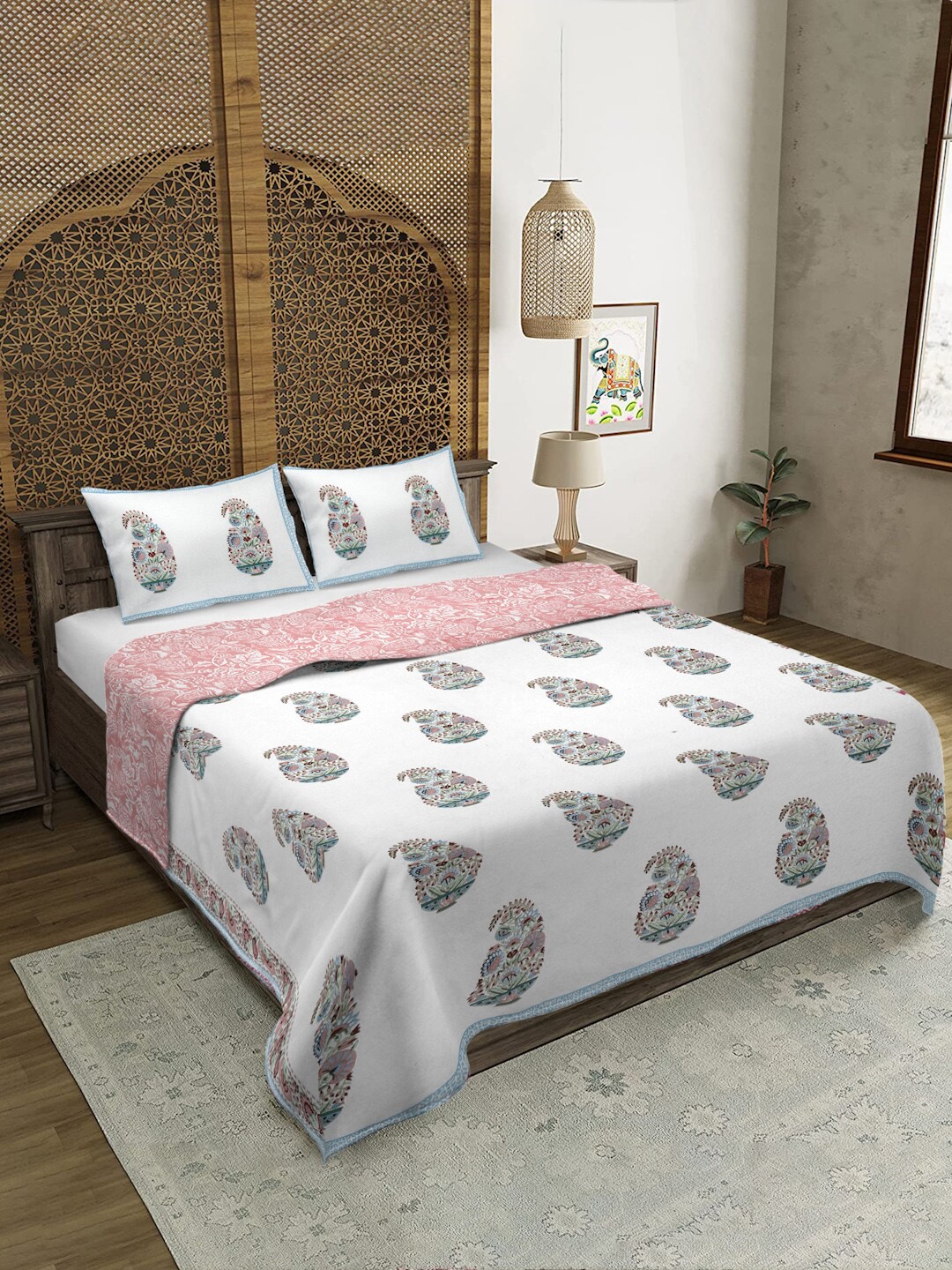 

Rajasthan Decor White and Peach-Coloured Cotton Quilted King Bed Spread & 2 Pillow Covers