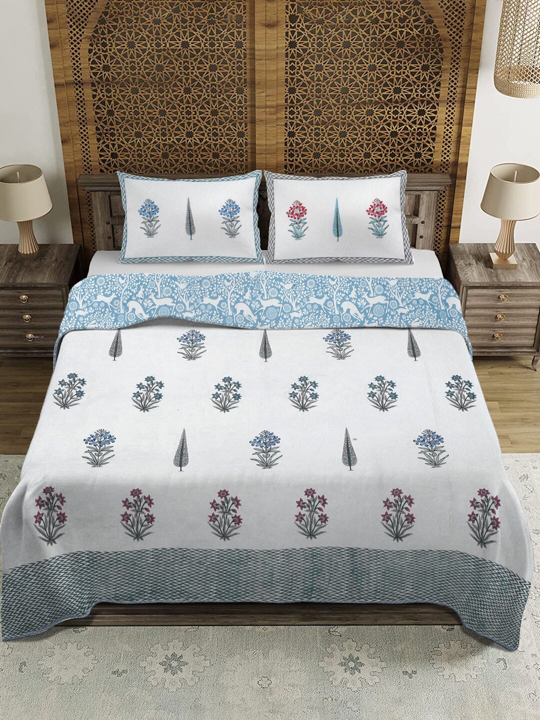 

Rajasthan Decor White and Blue Ethnic Motifs Cotton Quilted Bed Spread & 2 Pillow Covers