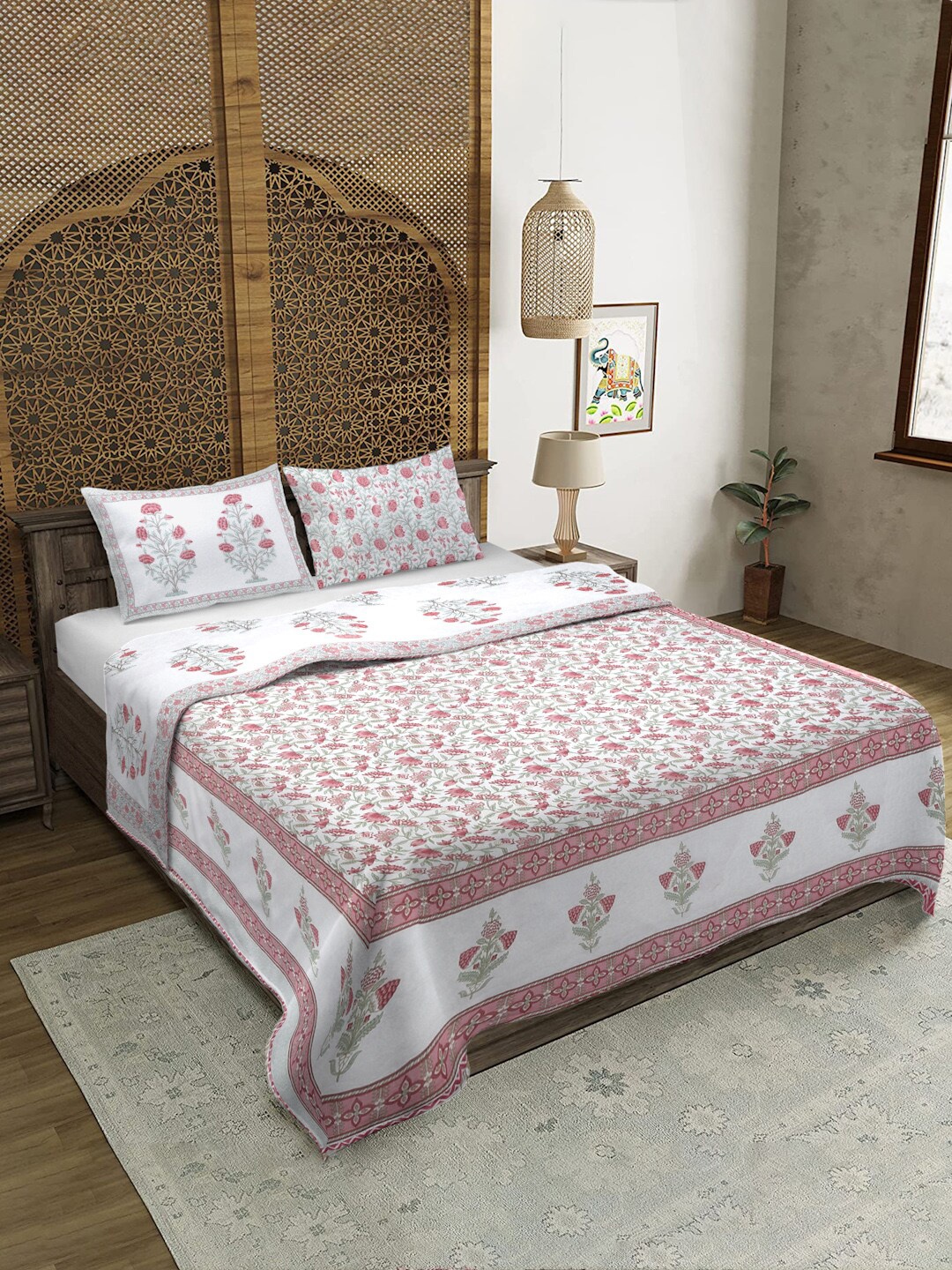 

Rajasthan Decor White and Pink Floral Cotton Quilted Bed Spread & 2 Pillow Covers