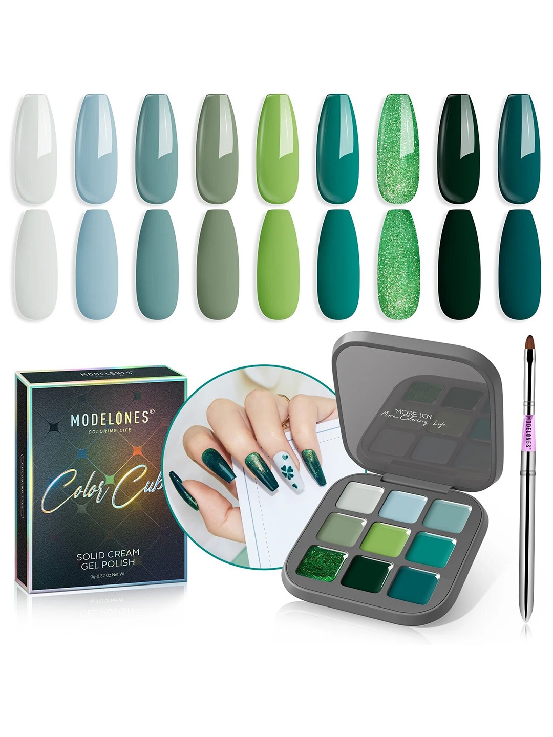 

Modelones Colour Cube 9 In 1 Gel Nail Polish Palette with Brush 9g - Lucky Shamrock 58A, Green