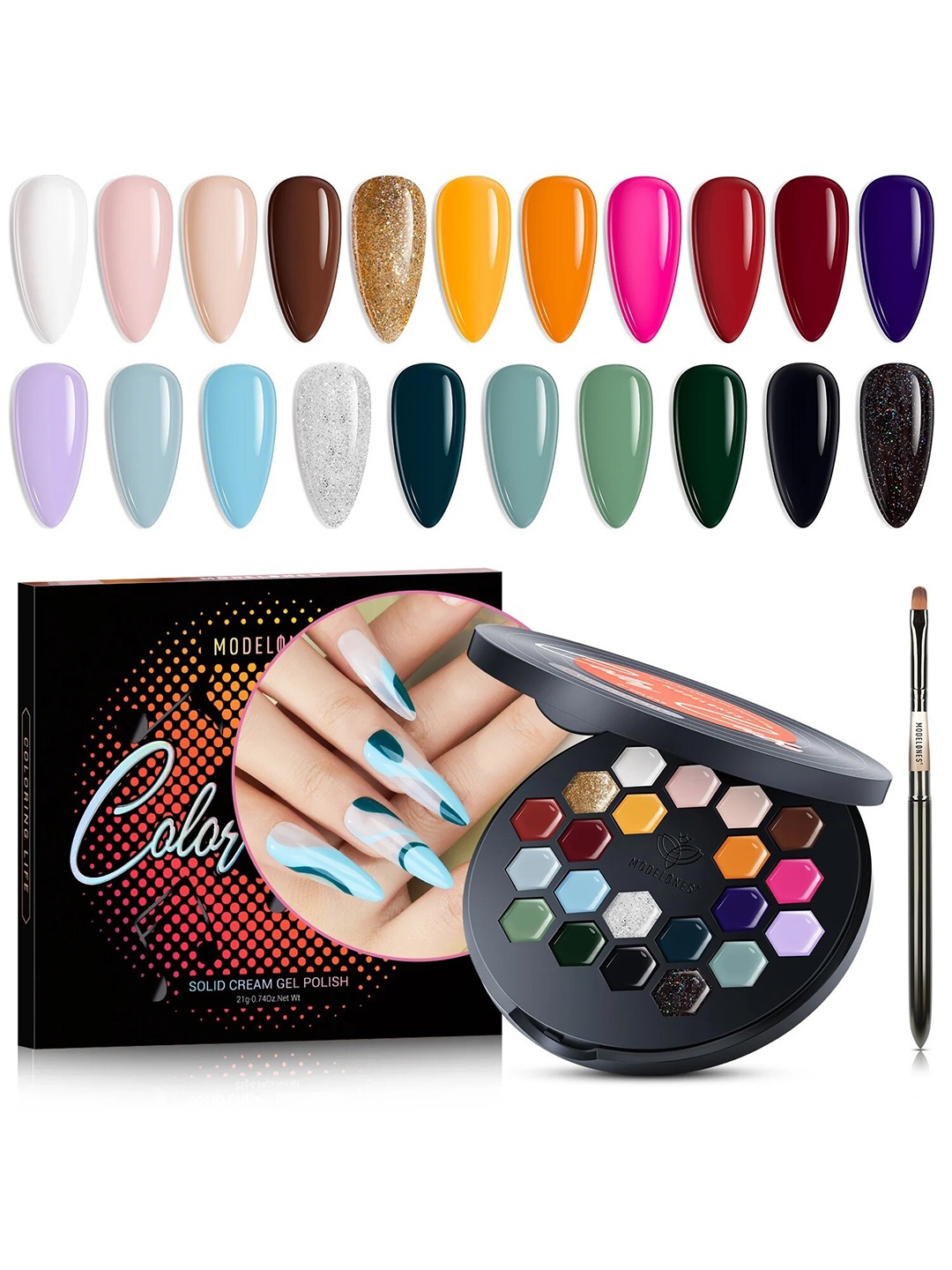 

Modelones Colour Cube 21 Colours Gel Nail Polish Palette with Brush 9g- Vintage Season 66A, Multi