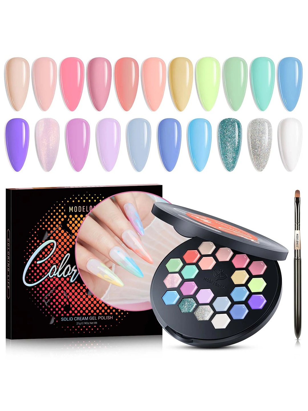 

Modelones Color Cube 21 Colors Nail Polish Palette with Brush 21g - Macaron Paradise 60A, Multi