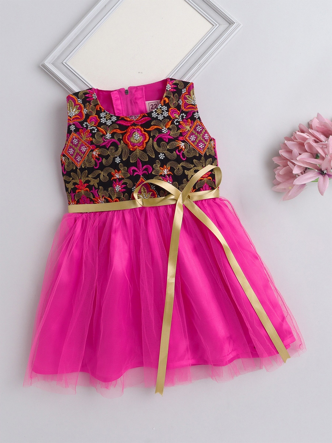 

The Magic Wand Girls Round Neck Sleeveless Embroidered Fit & Flare Dress, Fuchsia