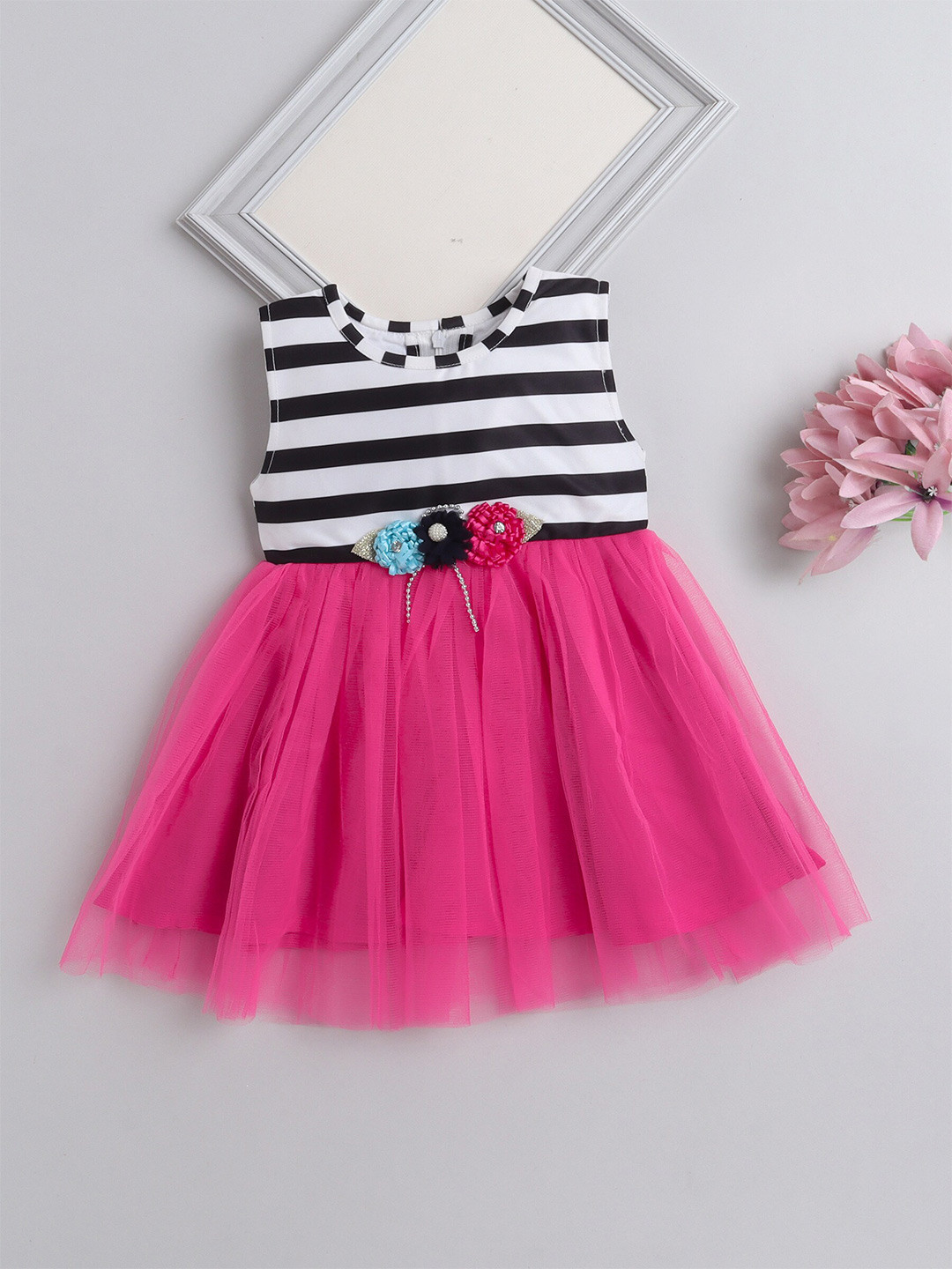 

The Magic Wand Girls Striped Round Neck Sleeveless Corsage Fit & Flare Dress, Fuchsia