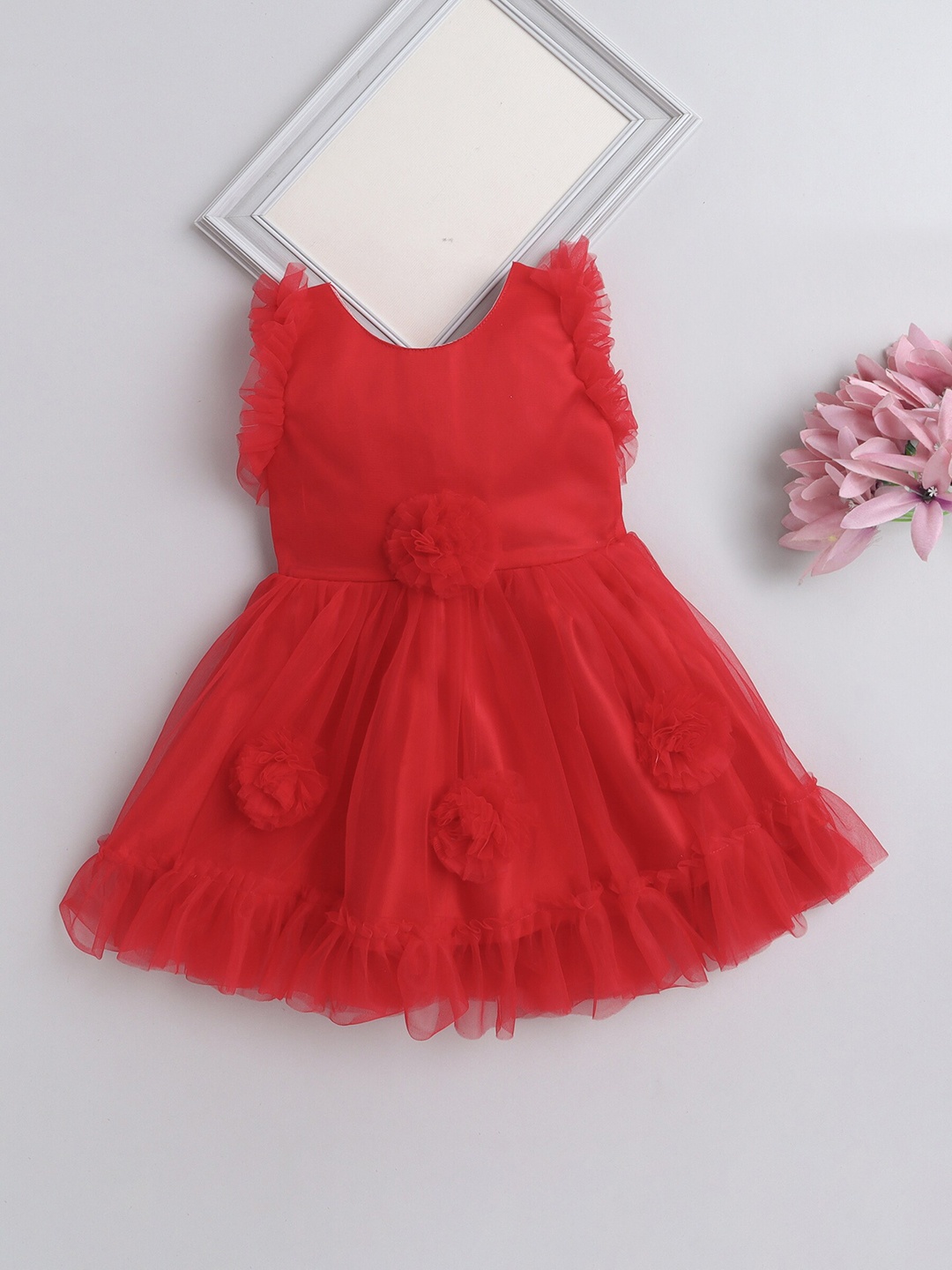 

The Magic Wand Girls Round Neck Sleeveless Ruffled Detail Fit & Flare Dress, Red