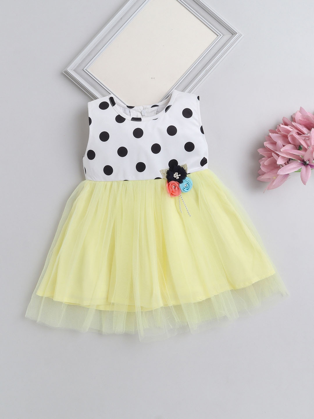 

The Magic Wand Girls Polka Dot Printed Round Neck Sleeveless Corsage Fit & Flare Dress, Yellow