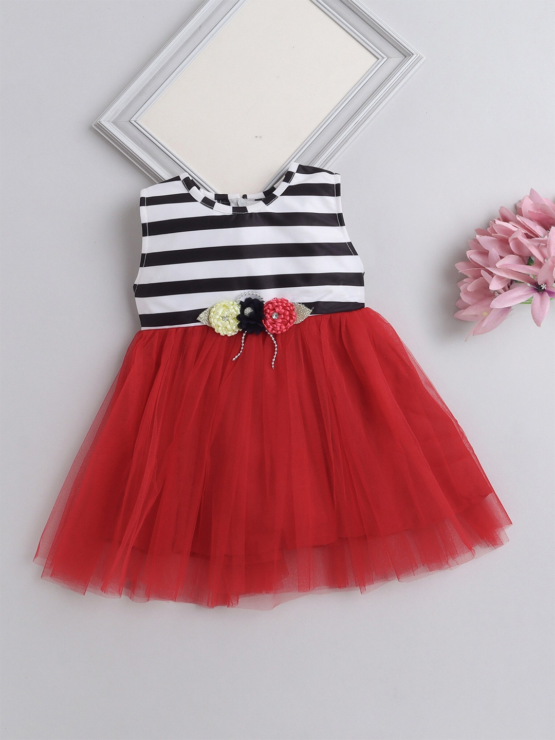 

The Magic Wand Girls Striped Round Neck Sleeveless Corsage Detail Fit & Flare Dress, Red