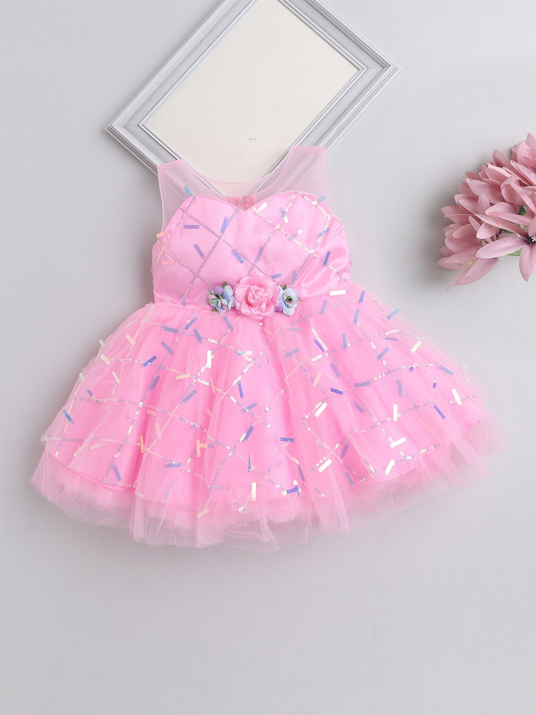 

The Magic Wand Girls Round Neck Sleeveless Corsage Detail Fit & Flare Dress, Pink