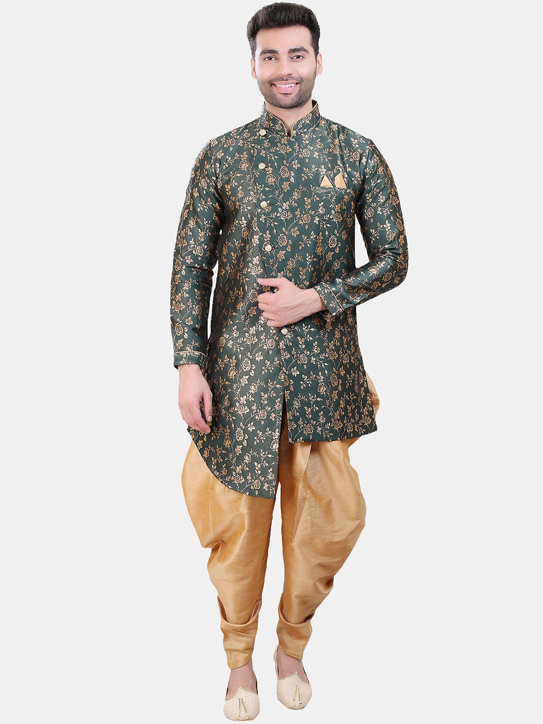

Avaeta Floral Printed Mandarin Collar Asymmetric Sherwani With Patiyala, Green