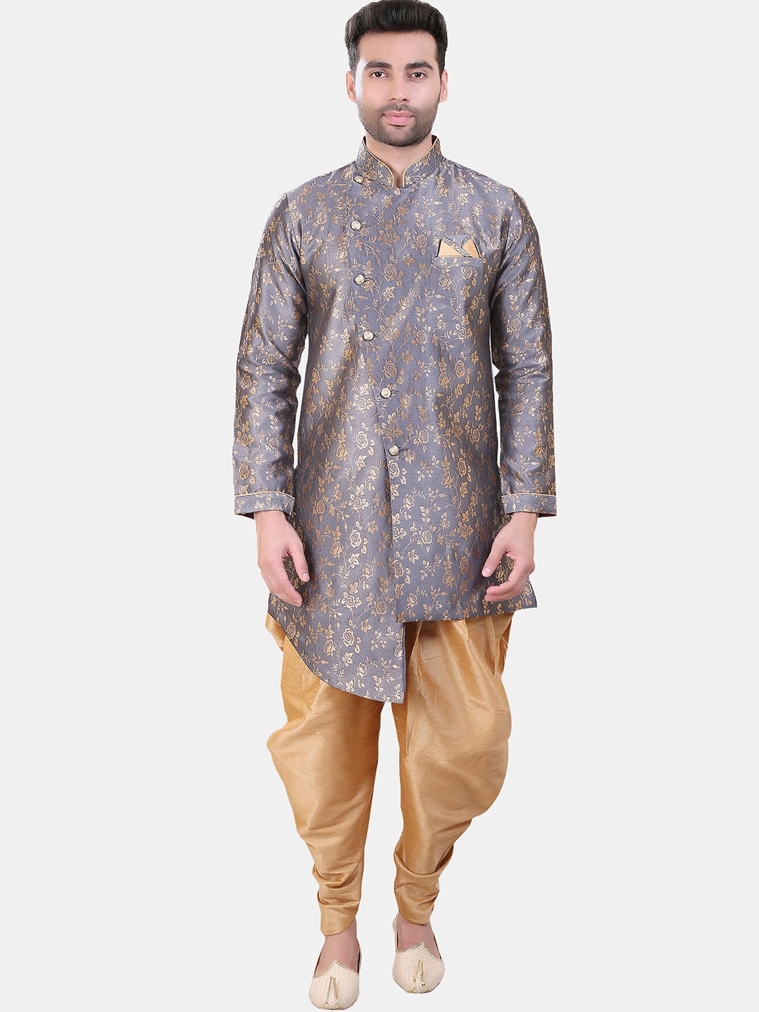 

Avaeta Men Floral Printed Jacquard Sherwani With Patiala, Grey